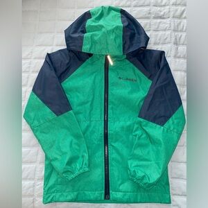 Columbia Green and Black Raincoat with Hood and Water-Resistant Material